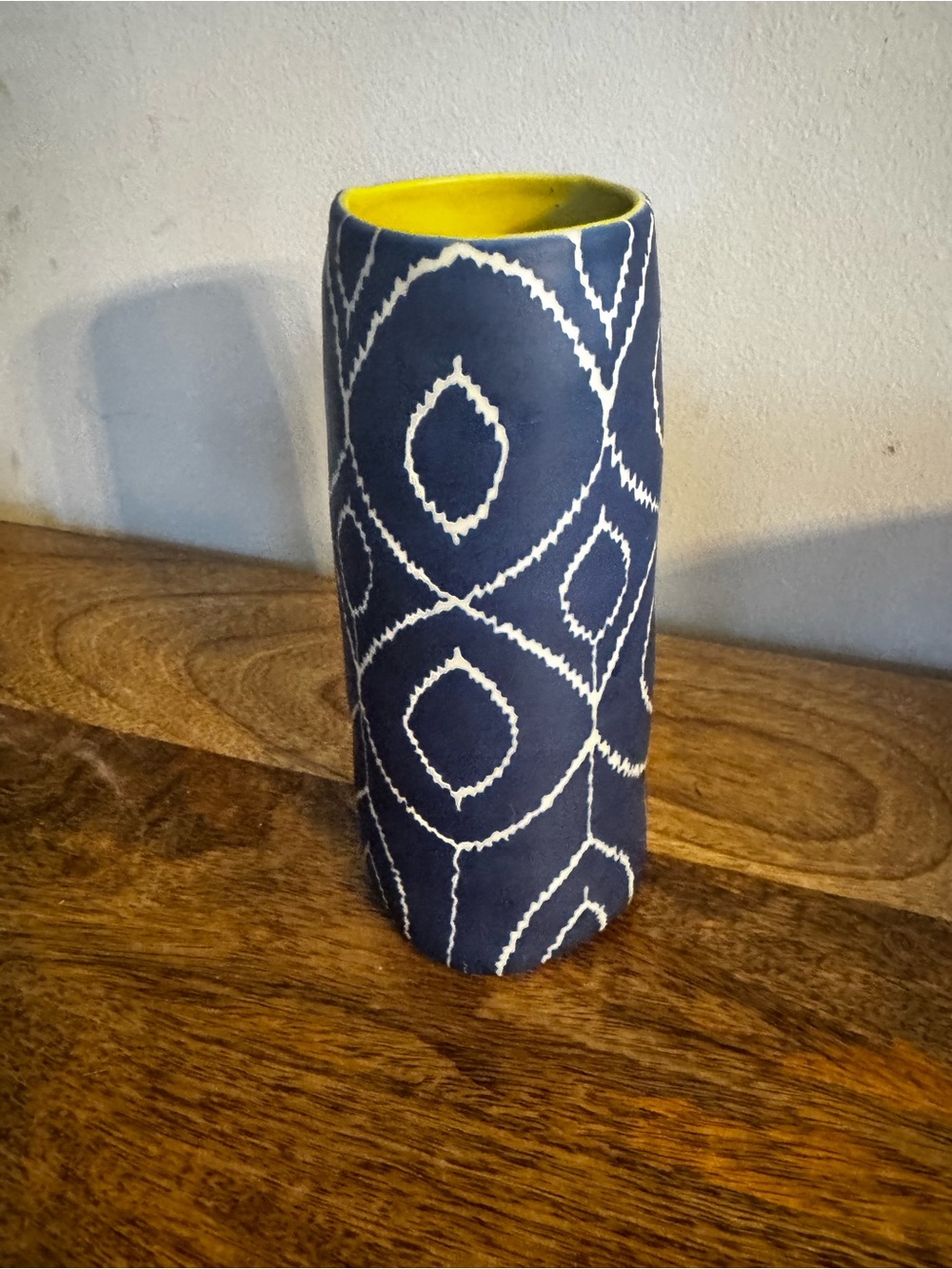 Blue and Yellow Ceramic Vase with White Geometric Pattern - Home Accent
